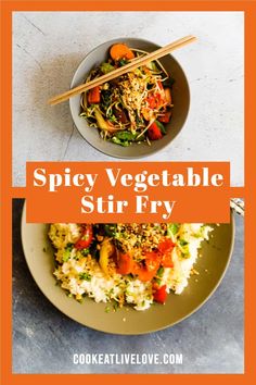 a bowl filled with rice and vegetables next to chopsticks on top of it