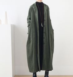 Cotton Long Coat, Long Cotton Outerwear With Pockets, Olive Cotton Outerwear For Fall, Long Cotton Winter Outerwear, Green Long Outerwear For Work, Green Long Outerwear For Workwear, Green Cotton Outerwear With Pockets, Casual Dark Green Outerwear For Fall, Olive Cotton Outerwear With Pockets