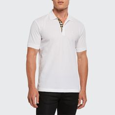 Burberry "Eddie" polo shirt in pique-knit. Spread collar; three-button placket. Signature check facing. Straight hem. Pullover style. Cotton. Imported. Classic Golf Polo Shirt With Placket, Polo Tees, Polo Shirt White, Pique Polo Shirt, Big Men, Burberry Men, Athletic Fits, Rain Wear, Short Sleeve Polo