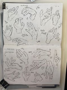 two sheets of paper with drawings of hands and fingers on them, all drawn in different directions