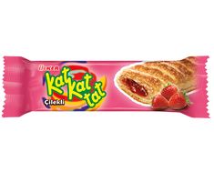 a pink candy bar with strawberries on the top and an image of a croissant