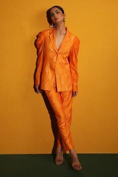 Shop for Miku Kumar Orange Firenze Chanderi Silk Jacket And Pant Set for Women Online at Aza Fashions Kurtis Design, Long Blouse Designs, Stylish Kurtis, Ethnic Clothes, Sharara Designs, Reception Bride, Stylish Kurtis Design, Orange Suit, Party Reception