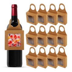 a bottle of wine next to some brown paper bags with candy in them on a white background