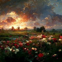 a painting of flowers in the foreground and clouds in the background with water running through it