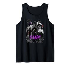 a black tank top with an image of three witches on it