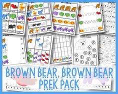 the brown bear, brown bear and other animal printables are shown in this pack