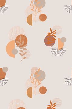 an orange and grey wallpaper with circles, leaves and dots on the back ground