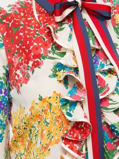 Gucci Floral Print Ruffle Trim Shirt Dress Gucci Spring Button-up Shirt, Gucci Floral Print, Neck Ribbon, Gucci Floral, Web Detail, Runway Dresses, Floral Shirt Dress, Buy Gucci, White Trim