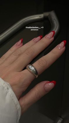 Red French Tip Nails Almond With Rhinestones, Almond Nails For Pale Skin, Nail Inspired 2023, Short Almond Red French Tip Nails, Almond Aesthetic Nails, Nail Art Aesthetic Red, Short Gelish Nails, Nails For Red Dress Ideas, Red French Nails Design