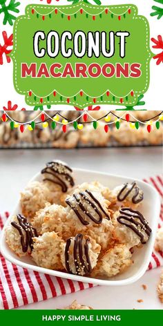 coconut macaroons with chocolate drizzled on top in a white dish