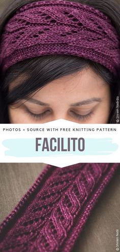 a woman with her eyes closed wearing a purple knitted headband and text overlay that reads, photos - source with free knitting pattern facillo