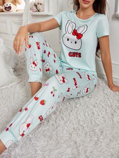 Cute Rabbit Print Round Neck Short Sleeve Shirt And Pants Ladies Pajama Set Multicolor Cute  Short Sleeve Knitted Fabric Cartoon  High Stretch All Women Sleep & Lounge, size features are:Bust: ,Length: ,Sleeve Length: Pink Pajamas, Rabbit Print, Cute Rabbit, Sweatpants Set, Plaid Pants, Pajama Set Women, Shirt And Pants, Maternity Bag, Printed Sweatshirts