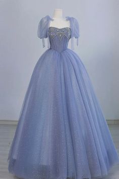 Light Blue A-line Prom Evening Dress, Blue Tulle Princess Evening Dress, Blue Princess Style Tulle Evening Dress, Princess Style Blue Tulle Evening Dress, Blue Princess Gown With Sweetheart Neckline, Blue Princess Evening Dress For Banquet, Princess Style Blue Evening Dress For Debutante Ball, Princess Blue Dress With Sweetheart Neckline, Blue Embellished Ball Gown With Fitted Bodice