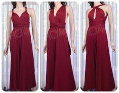 Burgundy bridesmaid jumpsuit, convertible jumpsuit, silk jumpsuit, wedding jumpsuit, wide leg jumpsuit, jumpsuit women jumpsuit Made in Canada - 10+ style convertible design  - Free custom sizing - Customization available - Available in maternity, tall, petite & curvy design Finding the perfect dress that will fit all body shapes is not easy, but your stressful time is over with our customization. Want an a-line skirt? Sure! Want a high neck? Absolutely! No sleeves or 3/4 sleeves? Yup yup. All y Silk Jumpsuit Wedding, Bridesmaid Pantsuit, Bridesmaid Pants, Jumpsuit Bridesmaid, Bridesmaid Jumpsuit, Burgundy Bridesmaid Dress, Jumpsuit Wedding, Bridesmaids Jumpsuits, Red Bridesmaid