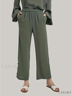 Lasaky - Womens Casual Two-piece Set: Solid Long Sleeve Top with Button Accent and Elastic Waist Pants Outfit Casual Green Button-up Pants, Casual Bottoms With Side Buttons For Spring, Khaki Bottoms With Buttons, Green Button-up Bottoms, Khaki Wide Leg Pants With Button Closure, Spring Green Button-up Pants, Solid Button-up Pants For Workwear, Spring Button-up Bottoms In Solid Color, Khaki Workwear Pants With Buttons