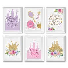 six princess wall art prints in pink, purple and gold