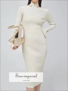 Women's Ribbed Halter Neck Long Sleeve Midi Dress One size - Strechy Elegant Solid Color Sweater Dress For Winter, Elegant Solid Sweater Dress For Winter, Elegant Solid Color Winter Sweater Dress, White Ribbed Bodycon Dress For Fall, High Neck Ribbed Midi Dress, Ribbed Long Sleeve Sweater Dress, White Long Sleeve Ribbed Bodycon Dress, Beige Long Sleeve Winter Bodycon Dress, Elegant Solid Color Winter Bodycon Dress