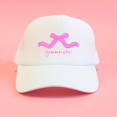 a white hat with pink ribbon and the words gummy phys on it against a pink background