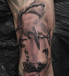 a man's leg with a shark tattoo on it, and some other animals