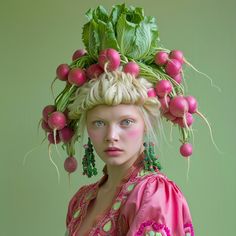 a woman in a pink dress with green leaves on her head and radishes attached to her hair