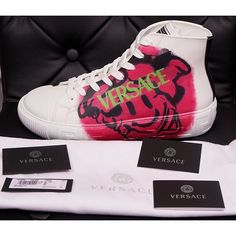 HTML 5 Template   NEW $850 VERSACE Men's White Leather Pink Graffiti Smiley Medusa Logo High Top Sneakers Size(s) 47(US 17) Description New with Box and Dustbag. Purchased from Versace. Retail $850. Photos are of the actual item. Authentic Versace sneakers from the Smiley collection. Iconic Medusa head in a graffiti-inspired motif in hot pink. White leather uppers. High-top sneakers. White rubber outsole complete with signature embossed Greca trim. Round toe. Front lace-up fastening. Tonal stitc Pink Graffiti, 5 Template, Html 5, Versace Sneakers, Logo Style, Medusa Head, Rocker Chic, Versace Men, Sneakers White