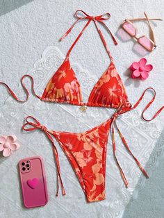 2 Piece Floral Print Halter Tie Sexy Bikini Swimsuit Set For Women, Summer Beach Red Sexy   Fabric Floral,Plants,All Over Print  High Stretch  Women Clothing, size features are:Bust: ,Length: ,Sleeve Length: Swimsuit Set, Fabric Floral, Beachwear For Women, Summer Beach, All Over Print, Women Clothing, Bathing Suits, Length Sleeve, Floral Prints