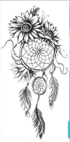 a drawing of a sunflower and dream catcher with feathers on the bottom of it