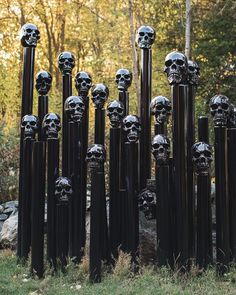 a bunch of black skulls are standing in the grass