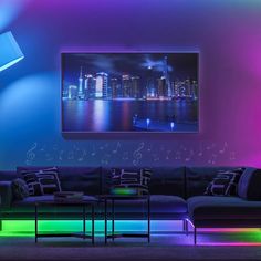 a living room filled with furniture and colorful lights