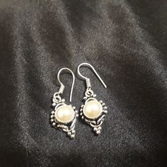 Beautiful Pearl Stone Silver Drop Earrings With Tibetan Silver Scrolling Detailing. #Silver Pearl Jewlery, Long Pearl Earrings, Stone Drop Earrings, Butterfly Earrings Gold, Rose Stud Earrings, Silver Pearl Earrings, Pearl Stone, Faux Pearl Earrings, Tassel Drop Earrings