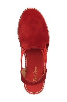 Sophistication and ease combine on this chic sandal from Toni Pons, a company that has been making stylish espadrilles for over 50 years. With a leather-lined toe box and elastic bands for a comfy, custom fit, you'll want to wear this sandal all summer long. 1 1/4" heel; 3/4" platform (size 39). Suede or textile upper/leather and textile lining/synthetic sole. By Toni Pons; made in Spain. Women's Shoes. Red Flat Sandals With Rubber Sole, Red Sandals With Woven Sole For Summer, Red Flat Slingback Sandals For Spring, Red Leather Slingback Sandals For Beach, Red Open Toe Sandals With Woven Sole, Casual Red Sandals With Woven Sole, Casual Red Slingback Sandals For Spring, Red Slingback Sandals For Beach, Summer Slip-on Sandals With Red Sole