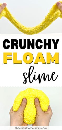 Hands playing with yellow slime containing foam beads, with the words "Crunchy Floam Slime" How To Make Crunchy Slime, Floam Recipe, Make Slime At Home, Slime With Contact Solution