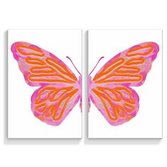 two pink and orange butterflies on white background