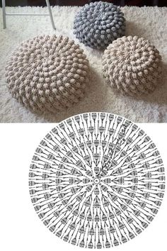 three knitted poufles sitting on top of a white rug