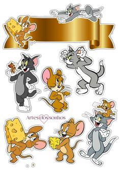 cartoon mouse stickers with gold ribbon and banner in the background, including an image of mice