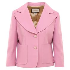 Long sleeve wool cady crepe blazer in pink. Peaked lapel collar. Two-button closure at front. Patch pockets at waist. Darts at front and shoulders. Princess seams at front and back. Textile lining in gold-tone. Fully lined. Tonal and gold-tone hardware. Composition: 54% Silk, 46% Wool Made in Italy Blazer Rose, Versace Shorts, Versace Blue, Silk Clothing, Gucci Jacket, Gucci Pink, Crepe Blazer, Blazer Designs, Ruched Midi Dress