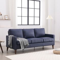 a living room with a blue couch and white rug