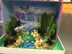 an open box with rocks and plants in the inside, on top of a table