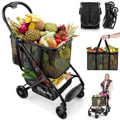 a woman pushing a shopping cart full of fruits and vegetables