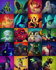 many different images of cartoon characters with green eyes and black hair, all in different colors