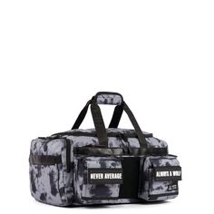 a black and white duffel bag on a white background