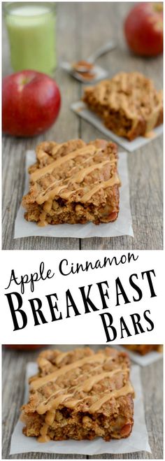 apple cinnamon breakfast bars with apples in the background and text overlay that reads, apple cinnamon breakfast bars