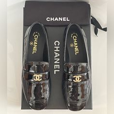 Brand New And Never Worn Authentic Chanel Black Lambskin And Patent Leather Loafers. Size 37.5 But Fits Like A Us 7 - Original Box And Dustbags Included - Original Receipt Included Upon Request Serious Bidders Only - Price Is Firm!!! All Sales Final - No Refunds Or Exchanges Luxury Patent Leather Loafers For Business, Luxury Patent Leather Loafers With Branded Insole, Luxury Patent Leather Pointed Toe Loafers, Designer Calf Leather Flats For Office, Designer Black Patent Leather Loafers, Luxury Patent Leather Flats For Work, Luxury Evening Loafers With Round Toe, Luxury Round Toe Loafers For Evening, Luxury Closed Toe Loafers For Galas