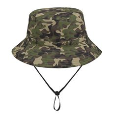 * 100% Polyester material soft and durable for hat * Foldable and packable hat for outside easy carry * Bucket crown hat sun with UV Protection Rays * Adjustable drawstring for bad weather to fixing the hat * Suitable 3 sizes for universal head size and protection * Stylish wide brim ideal for hiking ,traveling ,door activities Bucket Hat With String, Camo Bucket Hat, Packable Hat, Camouflage Green, Crown Hat, Summer Festival, Sun Shade, Vintage Summer, Cute Woman