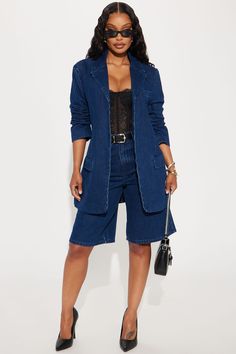 Short Sleeve Dark Wash Denim Jumpsuit With Button Closure, Denim Button-up Blazer With Button Closure, Dark Wash Denim Button-up Top With Pockets, Denim Blue Button-up Blazer With Pockets, Dark Wash Button-up Blazer With Pockets, Polyester Top, Jeans Jumpsuit, Matching Dresses, Matching Sets