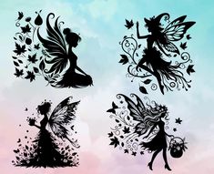 four silhouettes of fairy with flowers and leaves