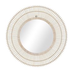 a round mirror with white wicker on the bottom and wood trimming around it