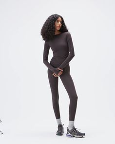 Women's Longline Long Sleeve Gym Top - Coffee Bean | Adanola Everyday Activewear In Recycled Polyester, Everyday Solid Activewear In Recycled Polyester, Versatile High Stretch Activewear For Everyday, Versatile Compressive Activewear, Versatile Compressive Activewear For Everyday, Everyday Stretch Activewear In Recycled Polyester, Sporty Everyday Activewear With Medium Support, Sporty Activewear With Medium Support For Everyday, Everyday Stretch Seamless Activewear