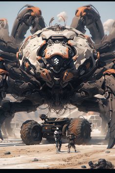 two men stand in front of a giant spider - like vehicle with huge wheels on it