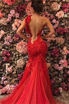 Chic One Shoulder Appliques Tulle Beading Mermaid Floor-Length Prom Dresses-Ballbella Floor Length Prom Dresses, Long Sleeve Evening Dresses, Red Prom, Custom Size Dresses, فستان سهرة, Prom Dresses Lace, 인물 사진, Red Prom Dress, Tulle Lace